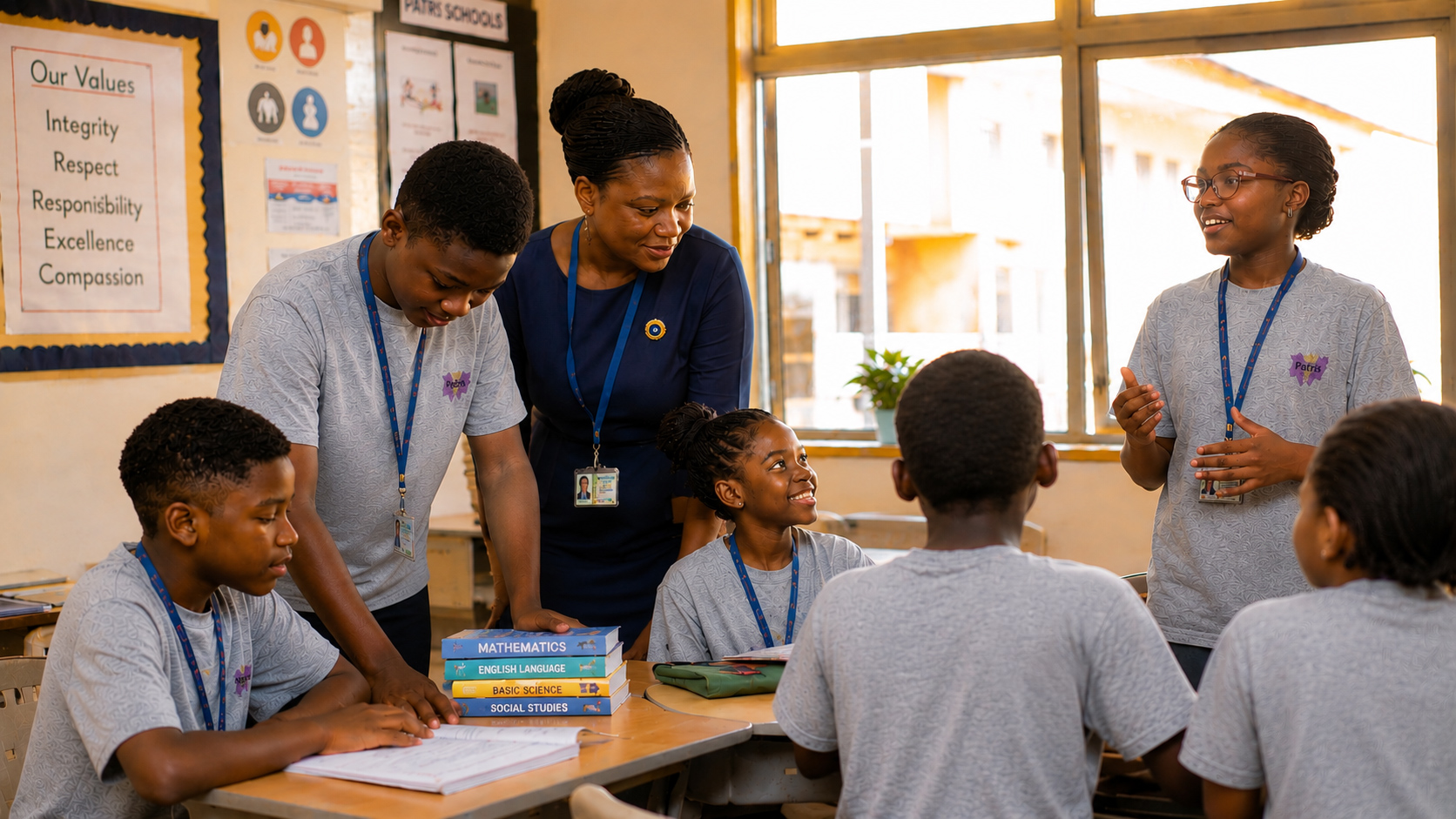 Teacher guiding students as they practise responsibility, collaboration, and self-discipline in a modern classroom