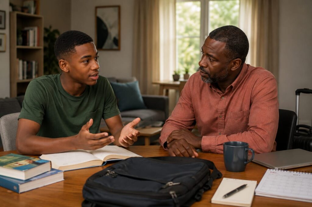 Nigerian parent and teenager discussing the right secondary school arrangement