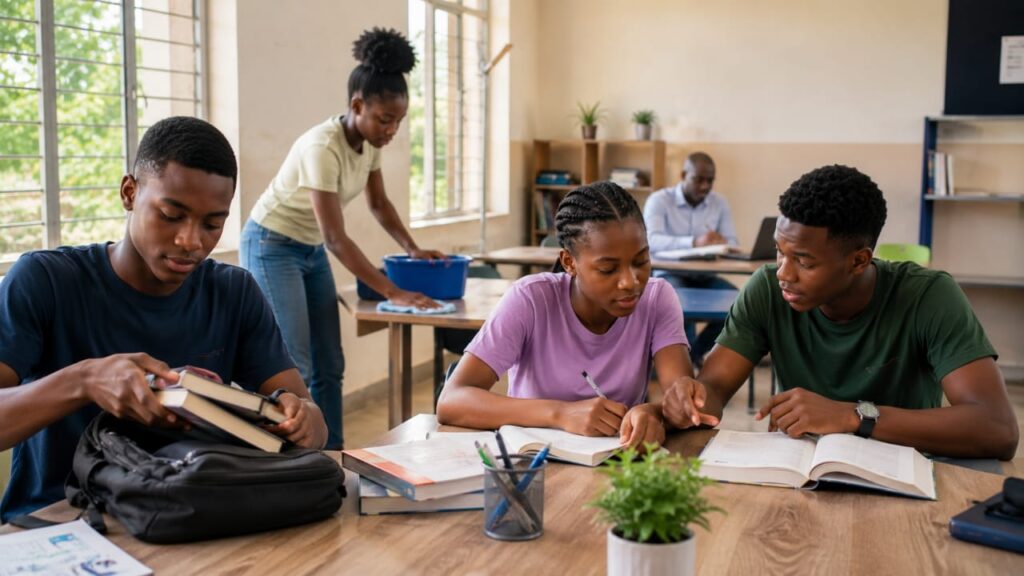 Nigerian teenagers developing independence, responsibility and collaboration in a structured learning environment.