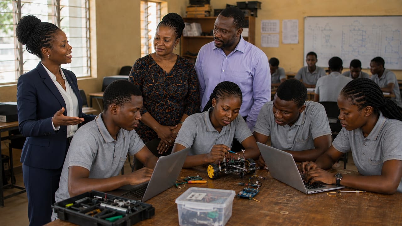 A professional teacher shows two parents around a hands-on STEM classroom, where students in gray polo uniforms work on robotics projects, laptops, and electronic components.