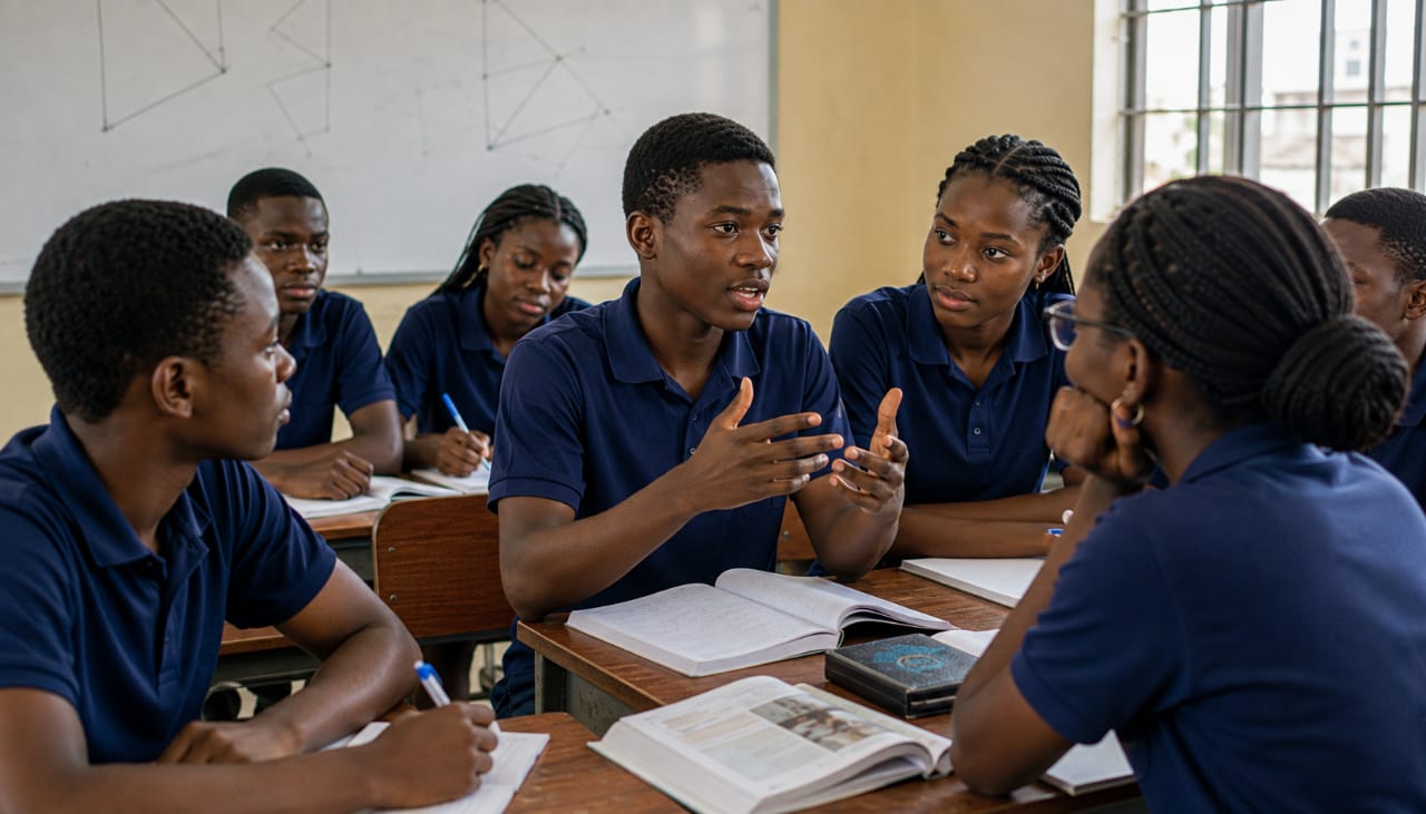 Nigerian learners engaged in discussion and collaborative learning in a classroom.