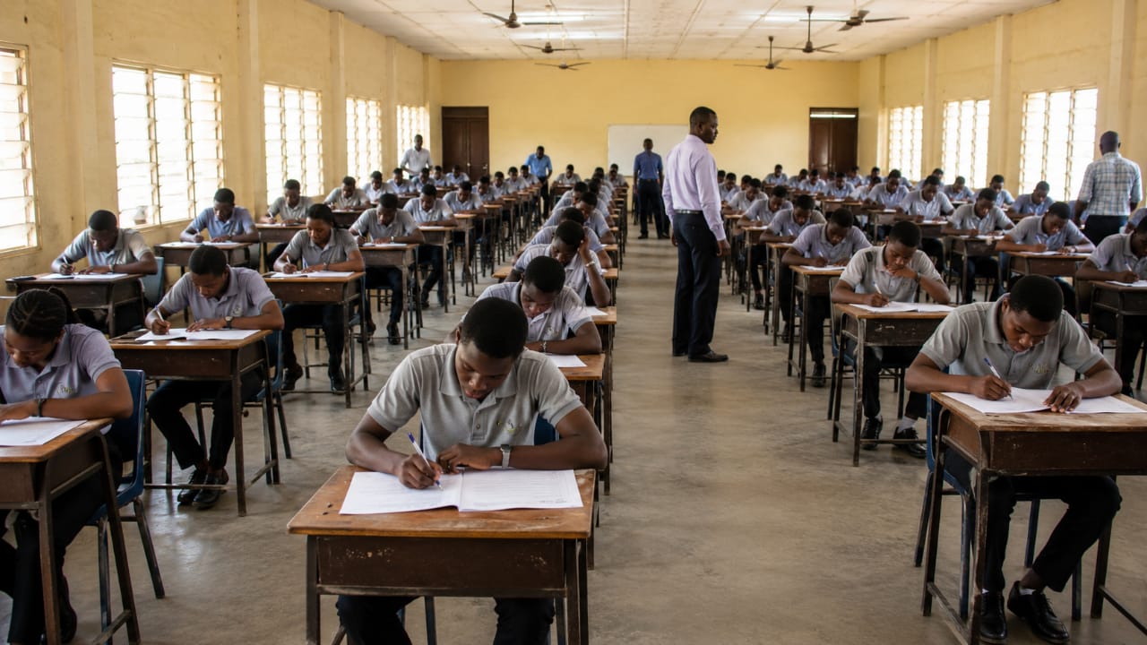 Nigerian secondary school learners writing WAEC examinations in a broad examination hall.
