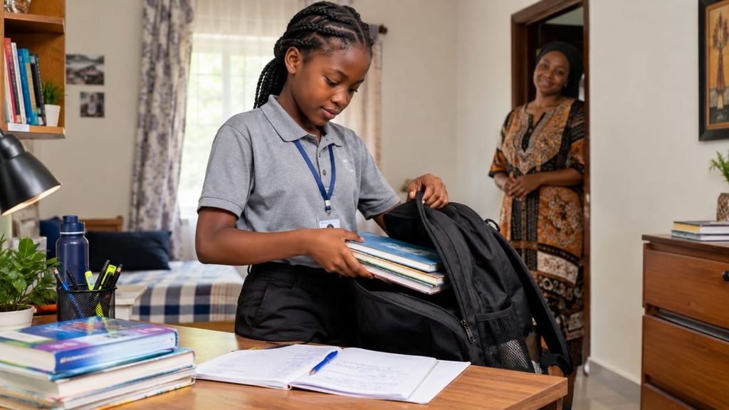 A Nigerian JSS 1 schoolgirl in a gray polo uniform and ID card independently organising textbooks into her backpack at home, with a parent observing supportively in the background.