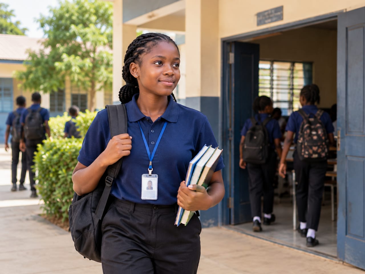 A Nigerian JSS 1 schoolgirl in a navy blue uniform, backpack and ID card, carrying textbooks while walking thoughtfully toward a classroom with other learners in the background.