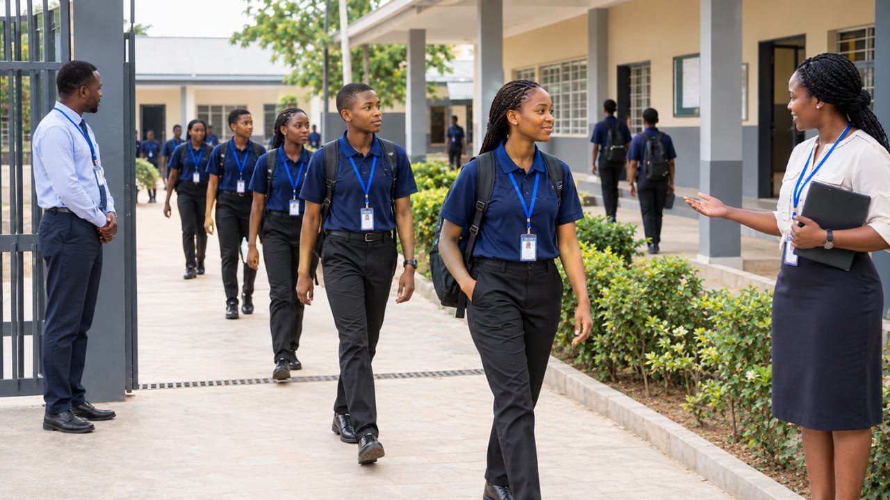 African school learners in navy blue polo shirts and black trousers walk in an orderly group through a clean school entrance, accompanied by staff wearing ID cards.